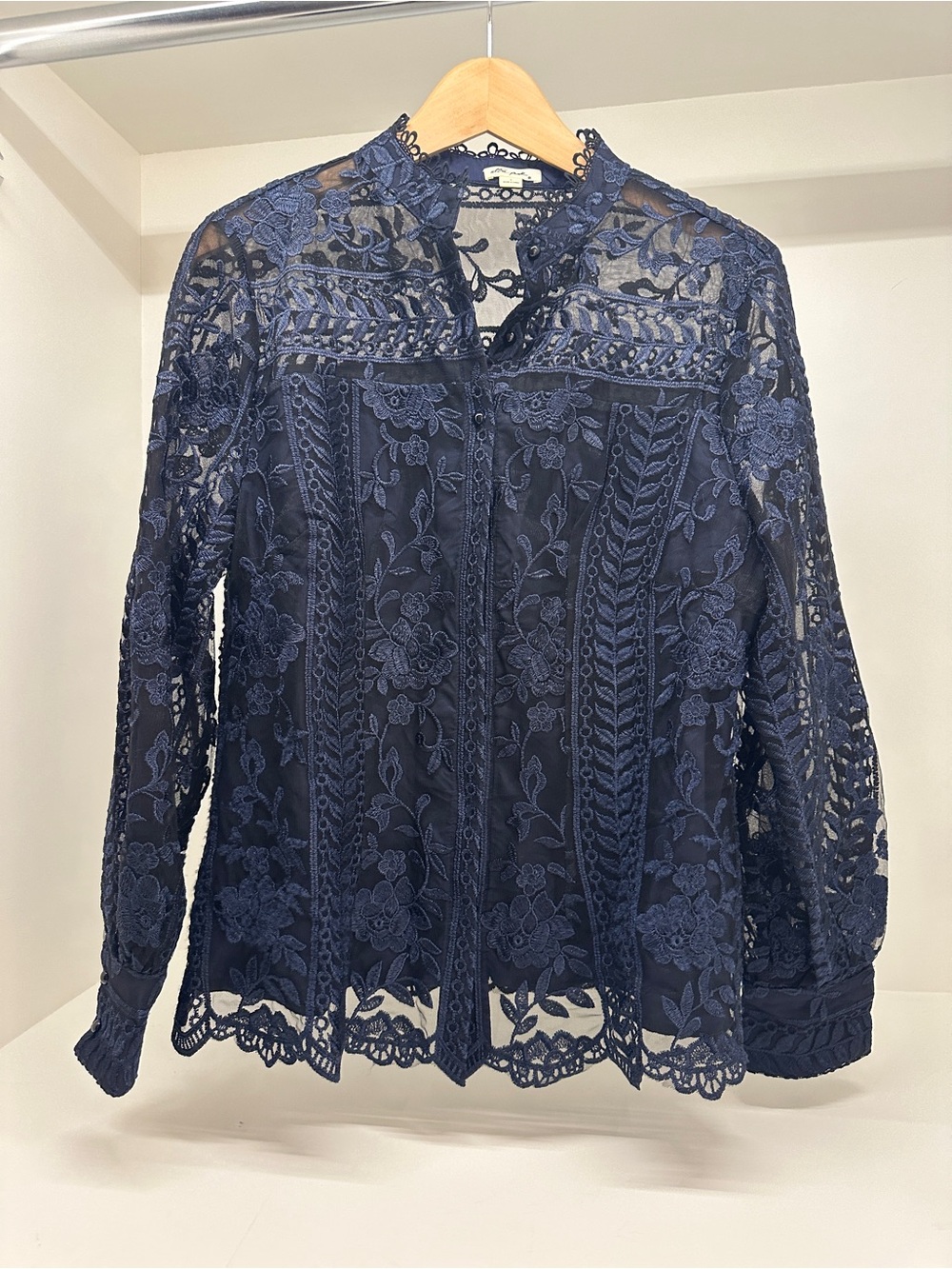 Navy Floral Lace Button-Front Blouse